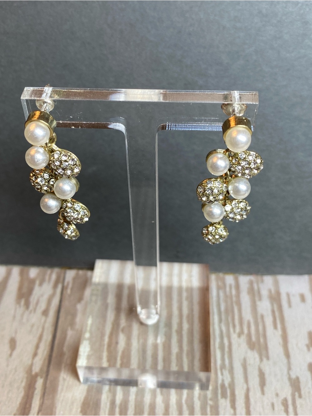 Pearl and rhinestone dangle cluster earrings